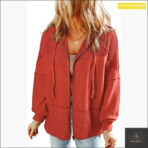 Waffle Knit Zip Up Hoodie Jacket Oversized Casual Fall Winter Sweatshirt